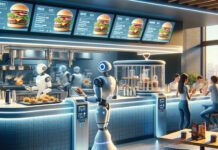 Robots making and serving food at restaurant