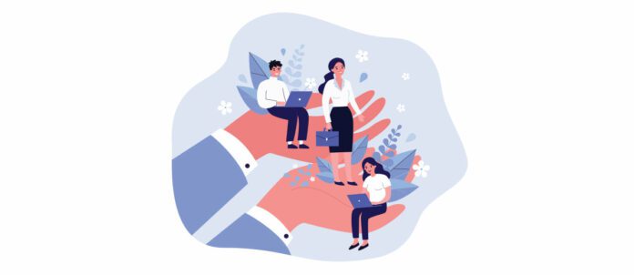 Illustration concept of 3 employees working while being held by giant hand